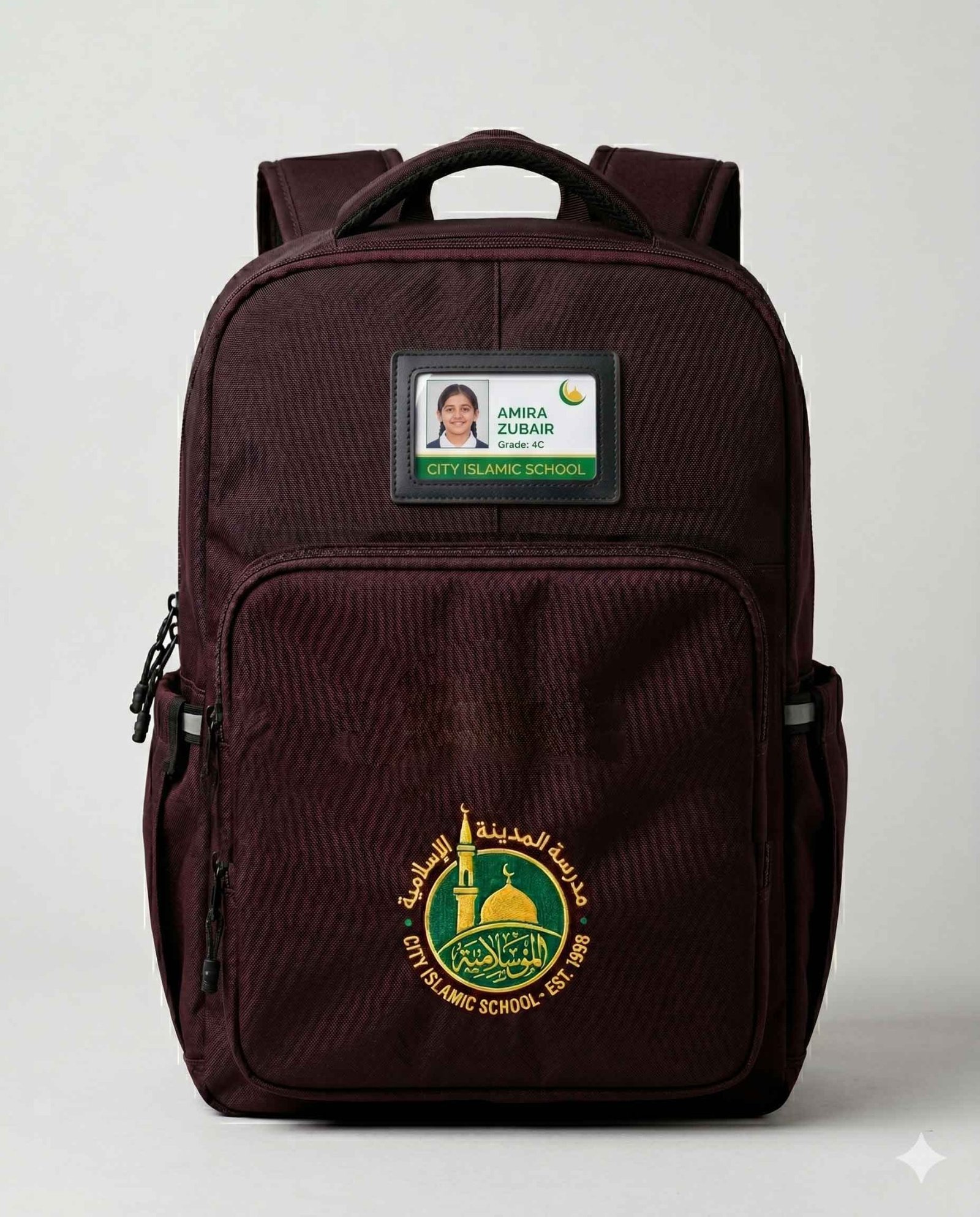 School Identity Backpack — mockup konsep